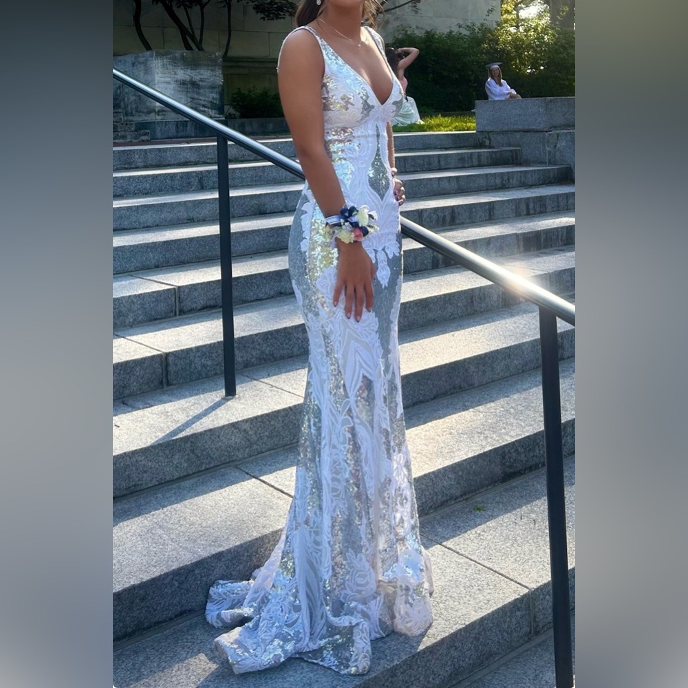 Jovani White and Silver Sequin Prom Dress